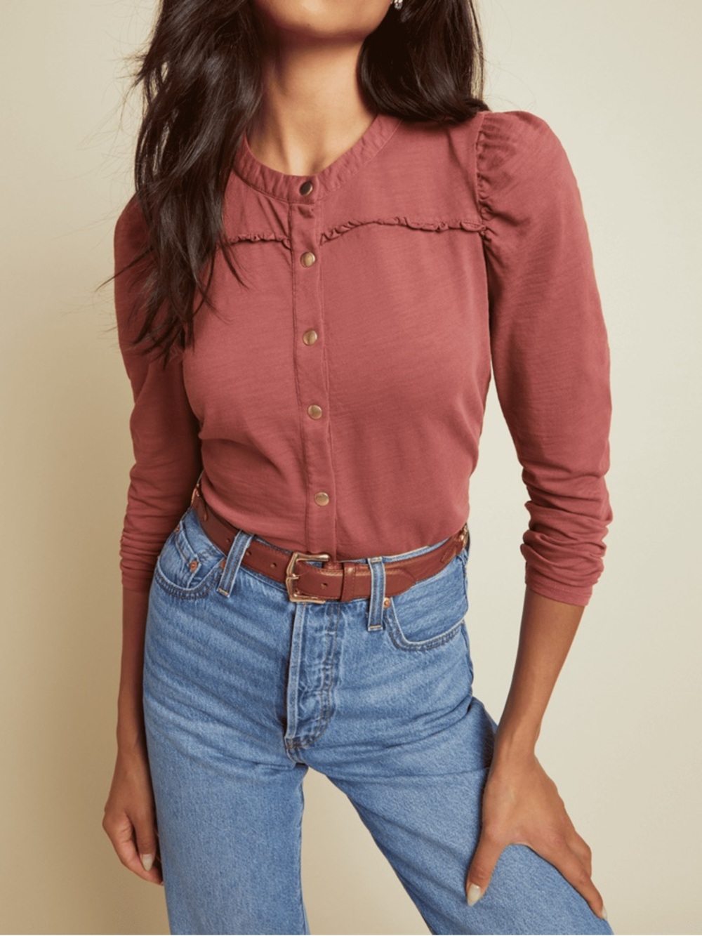 Nation LTD Juniper Top Desert Rose Puff Shoulder Ruffle 100% Cotton Medium